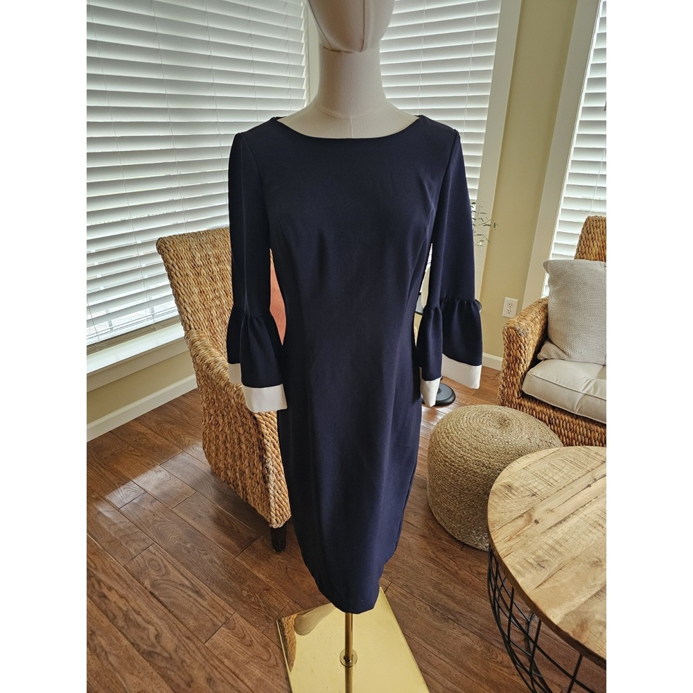 Lauren Ralph Lauren Womens Dress Sz 4 Navy Blue White Stretch Crepe Bell‎ Sleeve